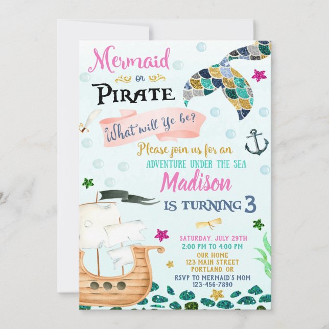 Invitación de cumpleaños de Sirena y Pirata Niño C (Anverso)