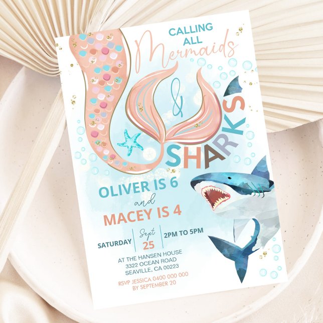 Invitación de Cumpleaños de Sirena y Tiburón Cumpl (Mermaid and Shark Birthday Invitation. Perfect invitation for pool parties, beach parties and more)