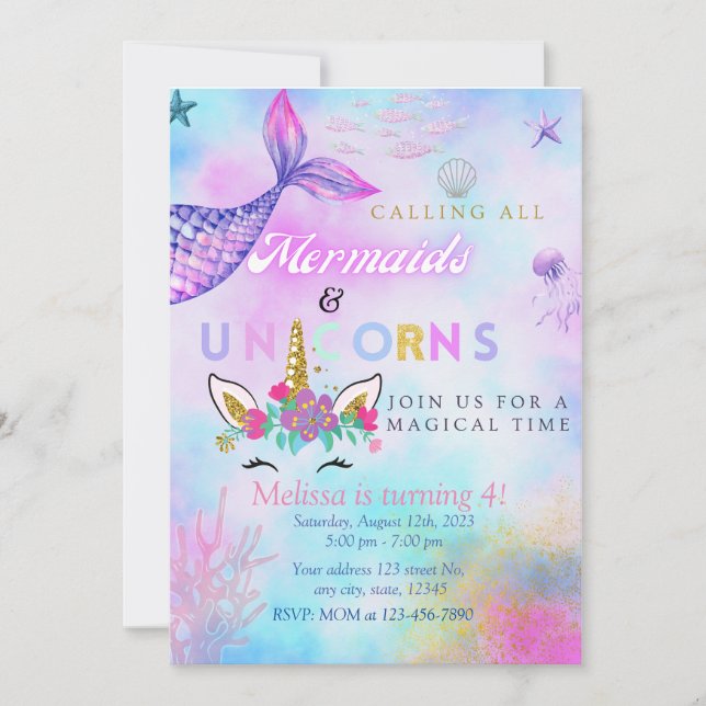 Invitación de cumpleaños de Sirena y Unicornio (Anverso)