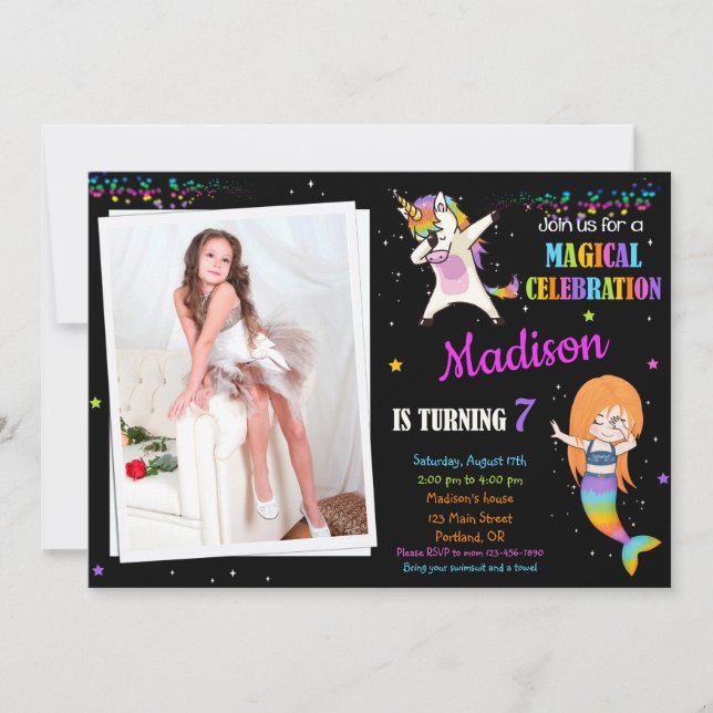 Invitación de cumpleaños de Sirena y Unicornio Dab (Anverso)