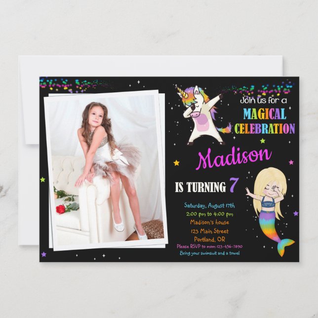 Invitación de cumpleaños de Sirena y Unicornio Dab (Anverso)