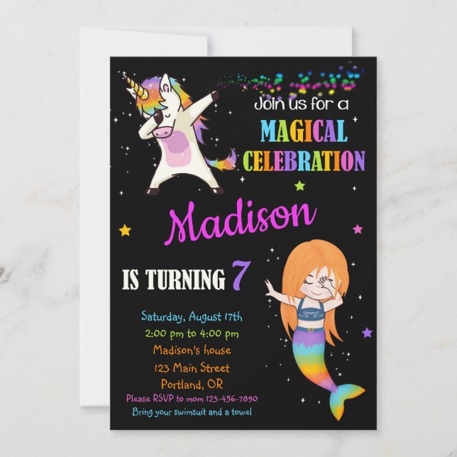 Invitación de cumpleaños de Sirena y Unicornio Dab (Anverso)