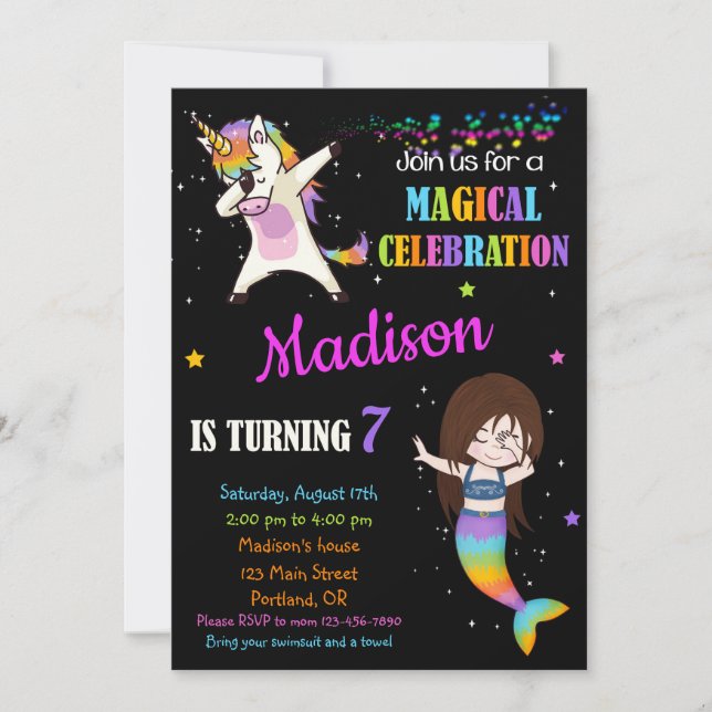 Invitación de cumpleaños de Sirena y Unicornio Dab (Anverso)