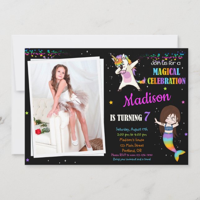 Invitación de cumpleaños de Sirena y Unicornio Dab (Anverso)
