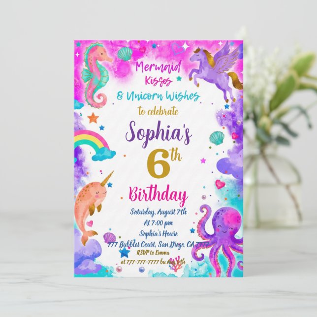Invitación de cumpleaños de sirena y unicornio Fie (Anverso de pie)