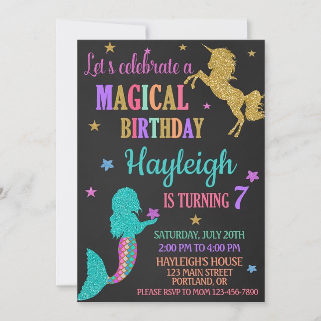 Invitación de cumpleaños de Sirena y Unicornio Mag (Anverso)