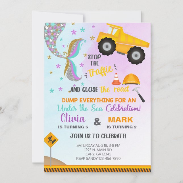Invitación de cumpleaños de sirenas y camiones. (Anverso)