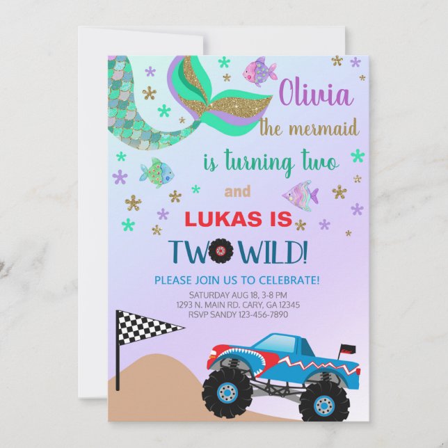 Invitación de cumpleaños de sirenas y camiones gig (Anverso)
