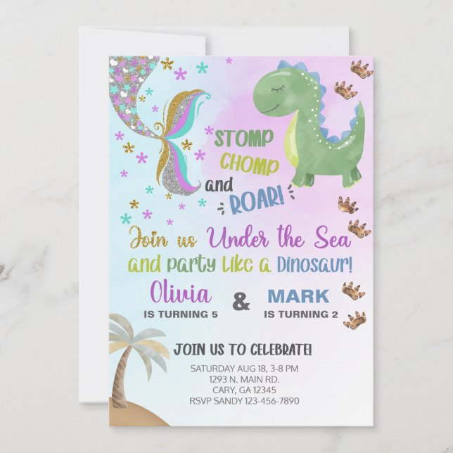 Invitación de cumpleaños de sirenas y dinosaurios. (Anverso)