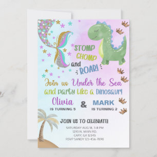 Invitación de cumpleaños de sirenas y dinosaurios.