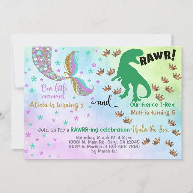 Invitación de cumpleaños de sirenas y dinosaurios. (Anverso)