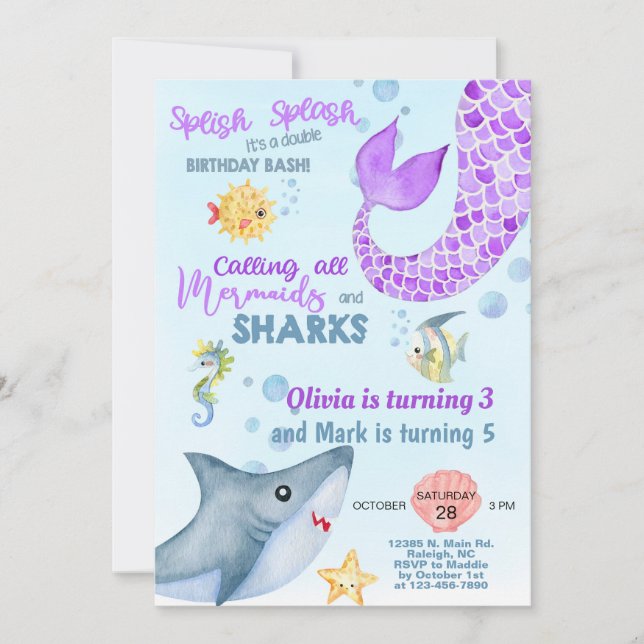 Invitación de cumpleaños de sirenas y tiburones. (Anverso)