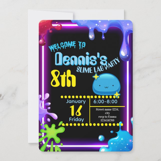 Invitación de cumpleaños de slime de goteo de neón (Anverso)