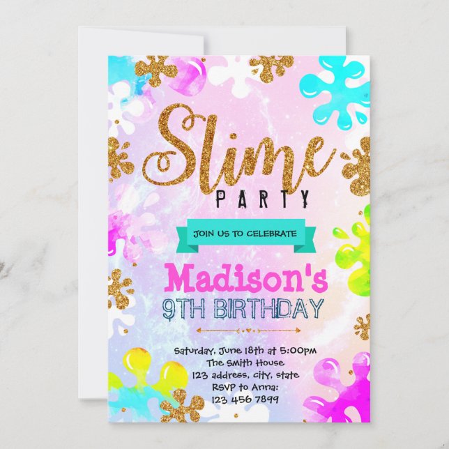 invitación de cumpleaños de slime de purpurina (Anverso)
