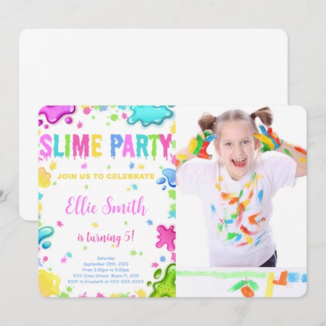 Invitación De Cumpleaños De Slime Editable Con Fot (Anverso / Reverso)