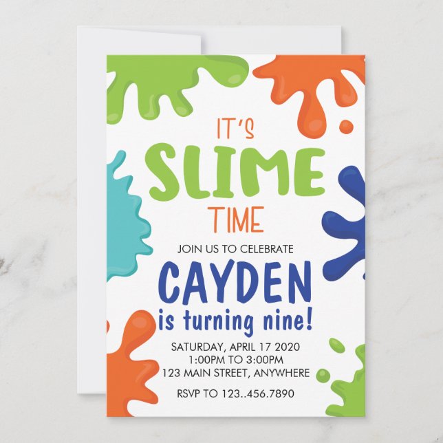 Invitación de cumpleaños de slime verde, azul y na (Anverso)