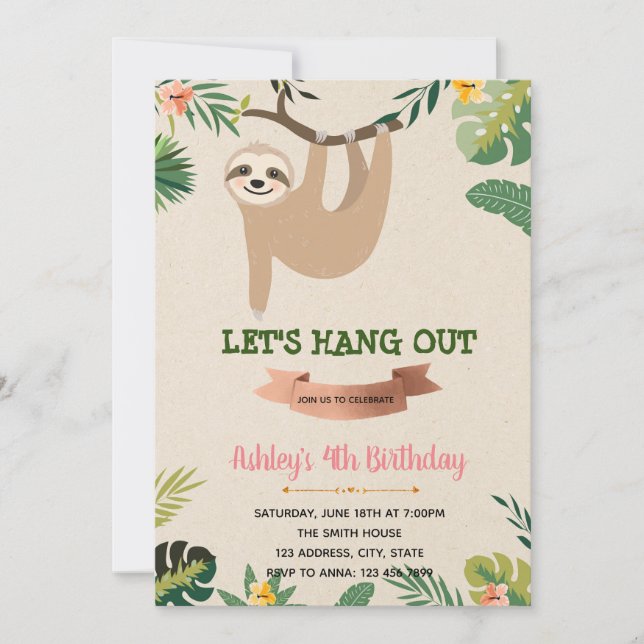 Invitación de cumpleaños de Sloth chica (Anverso)