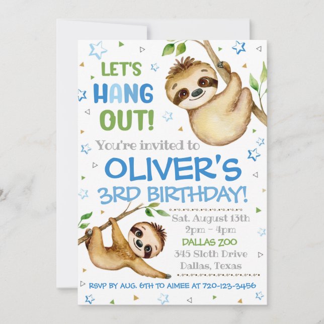 Invitación de cumpleaños de Sloth | Invitación a S (Anverso)