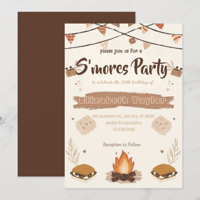 Invitación de cumpleaños de S'mores – Fogata acoge (Anverso / Reverso)