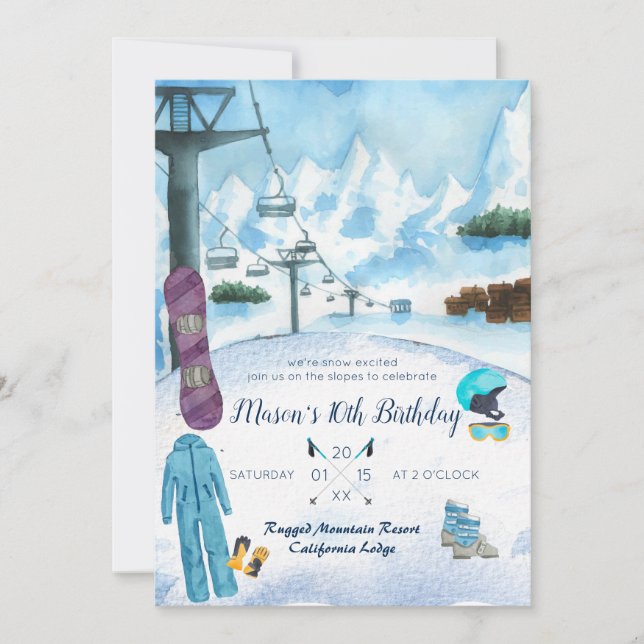 Invitación de cumpleaños de snowboarding de invier (Anverso)