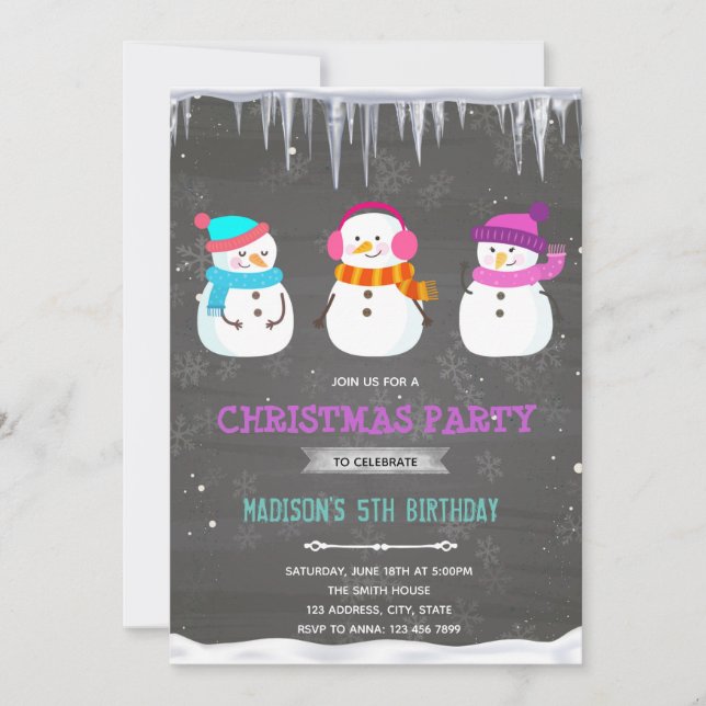 invitación de cumpleaños de snowman para chicas (Anverso)