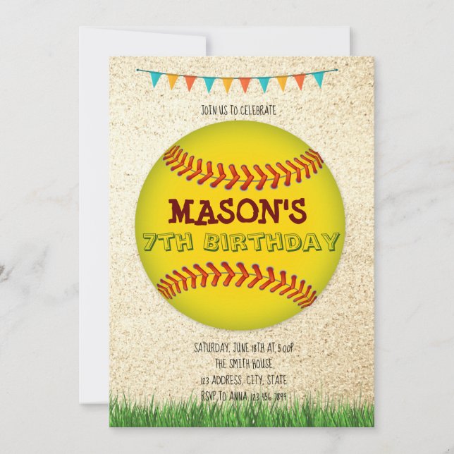 Invitación de cumpleaños de Softball (Anverso)
