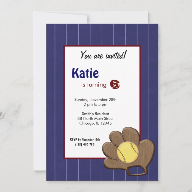 Invitación de cumpleaños de sóftbol (Anverso)
