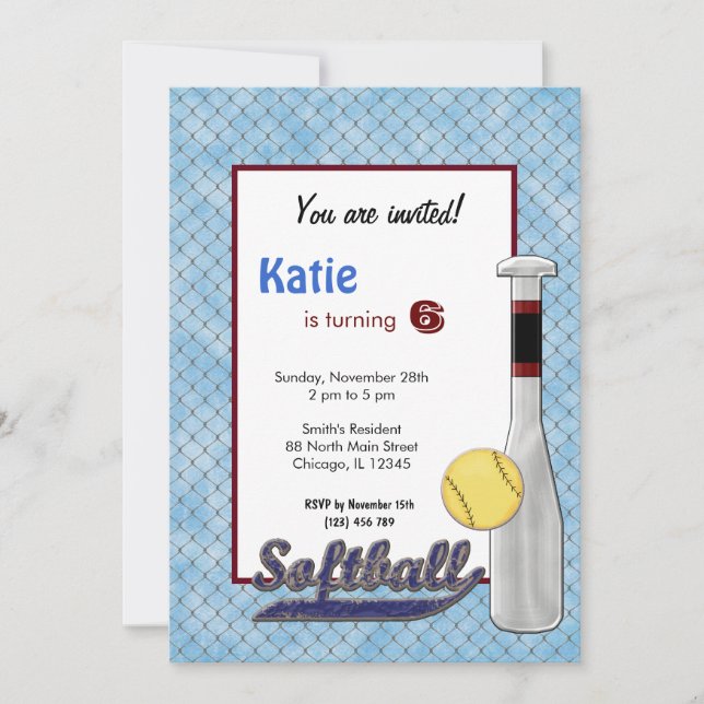 Invitación de cumpleaños de sóftbol (Anverso)
