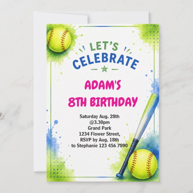 Invitación de cumpleaños de sóftbol tema acuarela (Anverso)