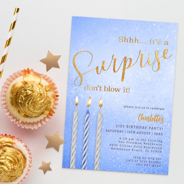 Invitación de cumpleaños de sorpresa azul - Vela d (Surprise Birthday Party Invitation)