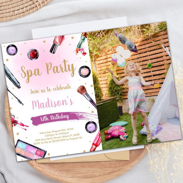 Invitación de cumpleaños de Spa editable con foto (Spa Birthday Invitations with photo)