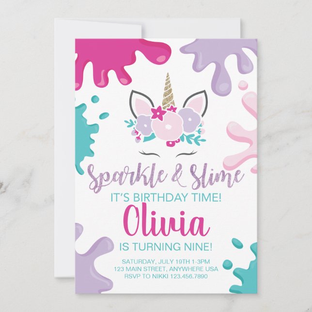 Invitación de cumpleaños de Sparkle y Slime Unicor (Anverso)
