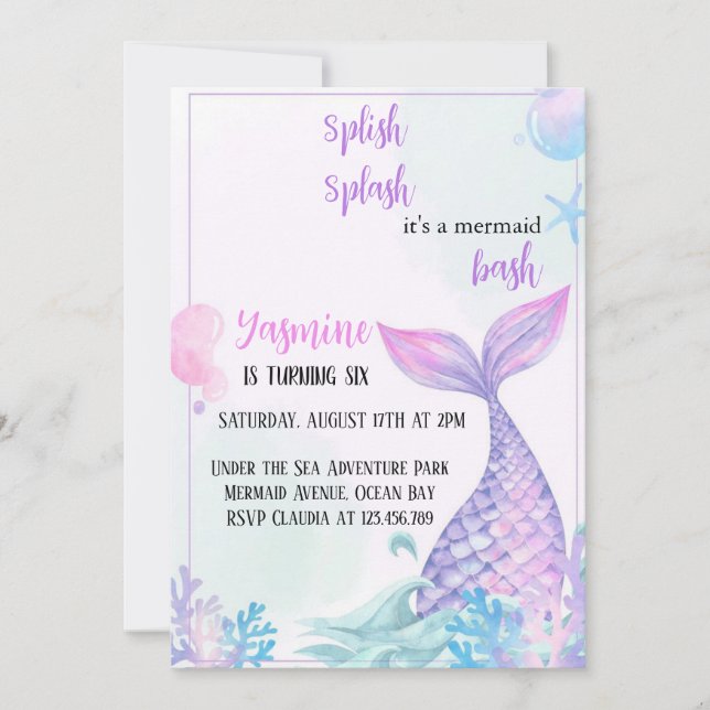 invitación de cumpleaños de splash mermaid (Anverso)