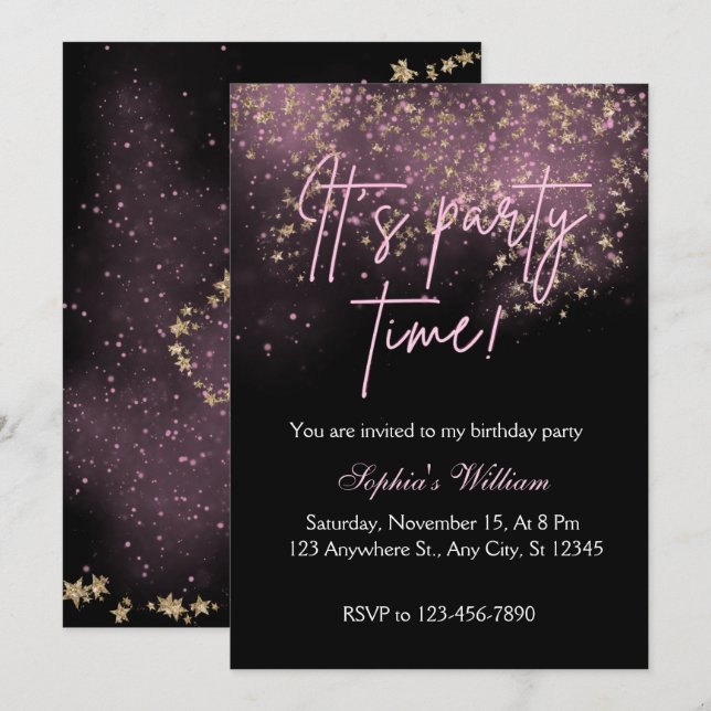 Invitación de cumpleaños de Sprinkle Pink Stars (Anverso / Reverso)