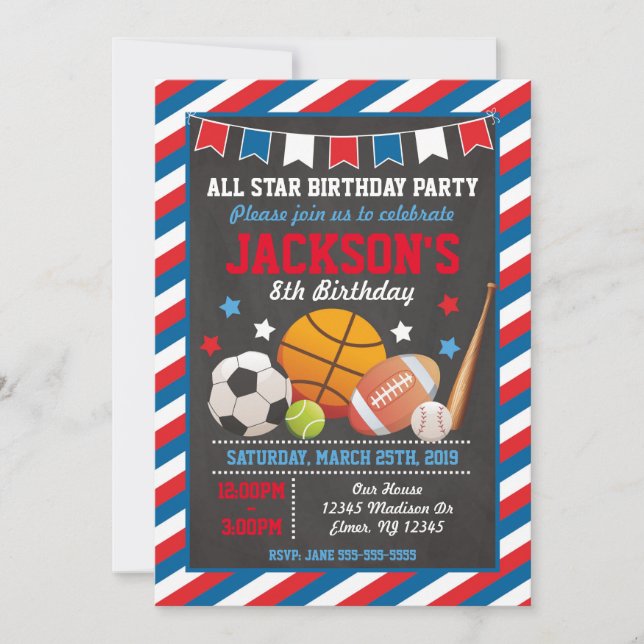 Invitación de cumpleaños de Star Sports para niños (Anverso)