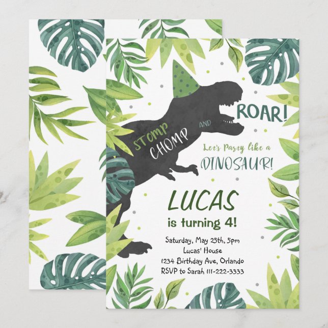 Invitación de cumpleaños de Stomp Chomp Roar Dinos (Anverso / Reverso)