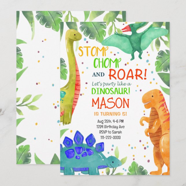 Invitación de cumpleaños de Stomp Chomp Roar Dinos (Anverso / Reverso)