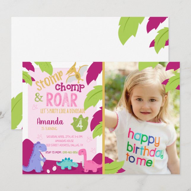 Invitación de cumpleaños de Stomp, Chomp y Roar Di (Anverso / Reverso)