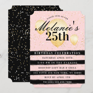 Invitación de cumpleaños de Stripe Black Pink Gold