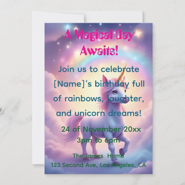 Invitación de cumpleaños de sueño de unicornio mág (Anverso)