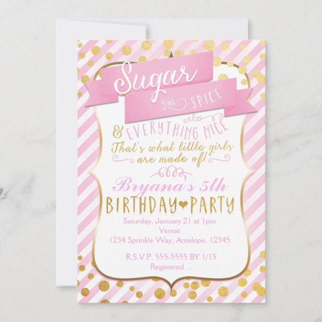 Invitación de cumpleaños de Sugar & Spice en oro r (Anverso)