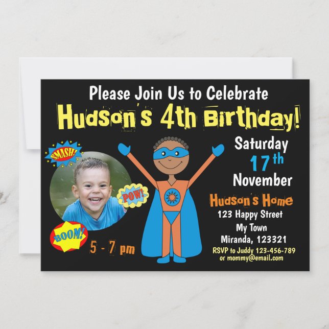 Invitación de cumpleaños de superhéroe (Anverso)