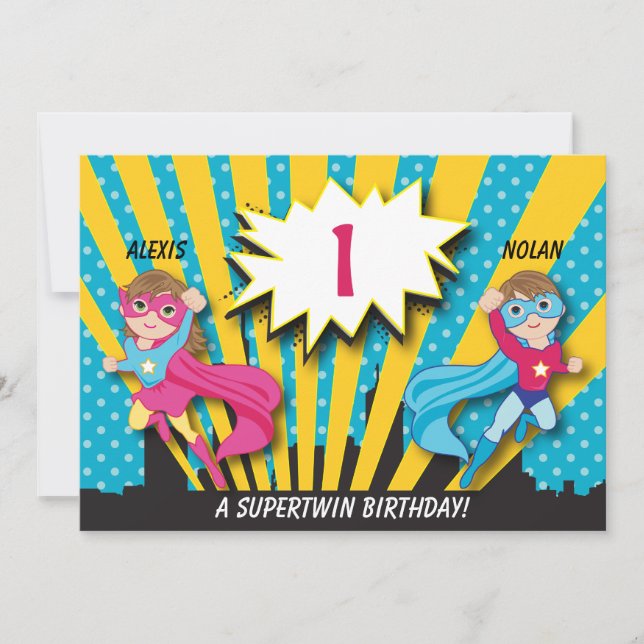 Invitación de cumpleaños de superhéroe Chica Twin  (Anverso)