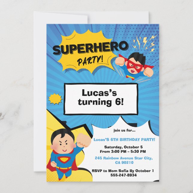 Invitación de cumpleaños de superhéroe niño (Anverso)