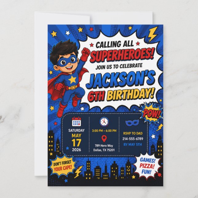Invitación de cumpleaños de superhéroe | Niño Supe (Anverso)