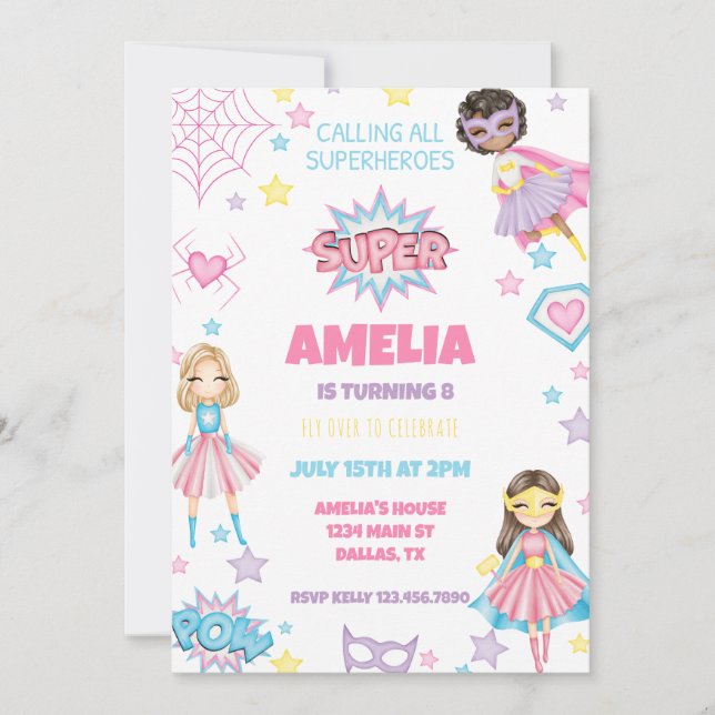 Invitación de cumpleaños de superhéroe rosa chica (Anverso)