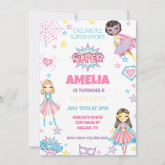 Invitación de cumpleaños de superhéroe rosa chica