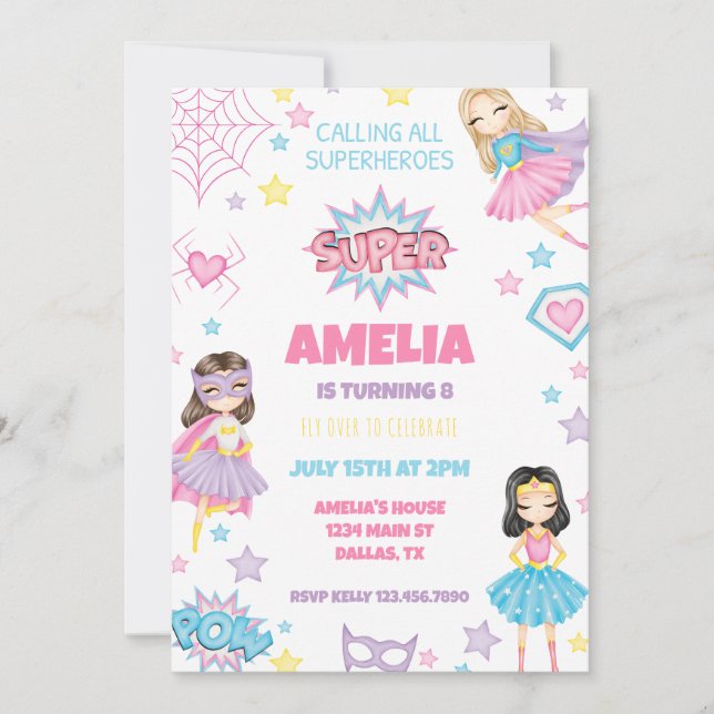 Invitación de cumpleaños de superhéroe rosa chica (Anverso)