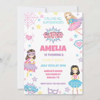 Invitación de cumpleaños de superhéroe rosa chica