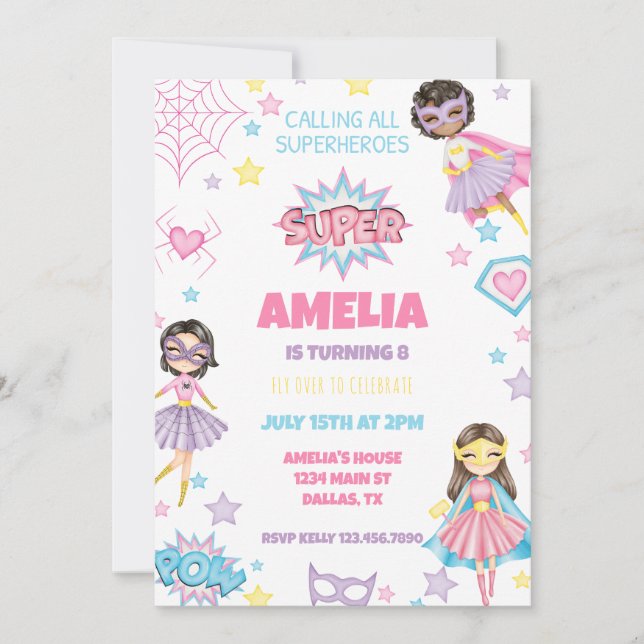 Invitación de cumpleaños de superhéroe rosa chica (Anverso)